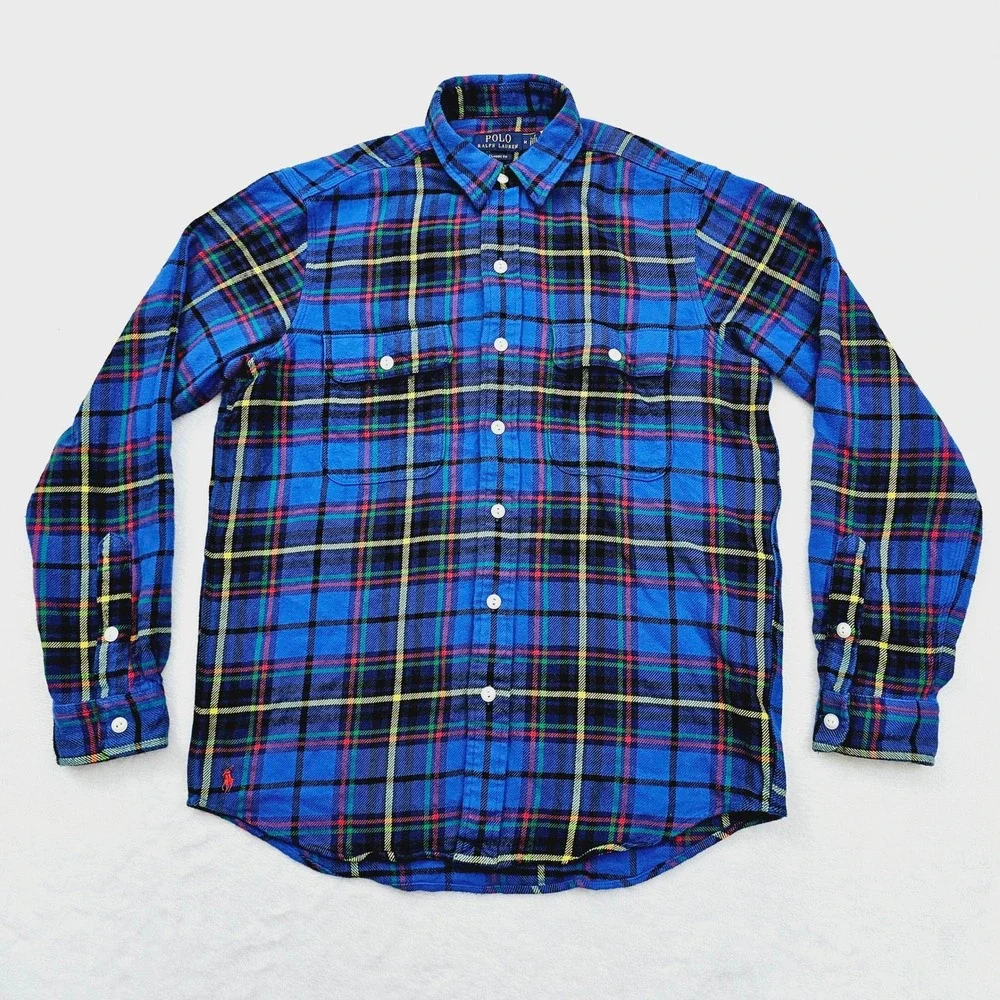 Polo Ralph Lauren Flannel Shirt Mens Medium Blue Plaid Classic Fit Cotton Tartan